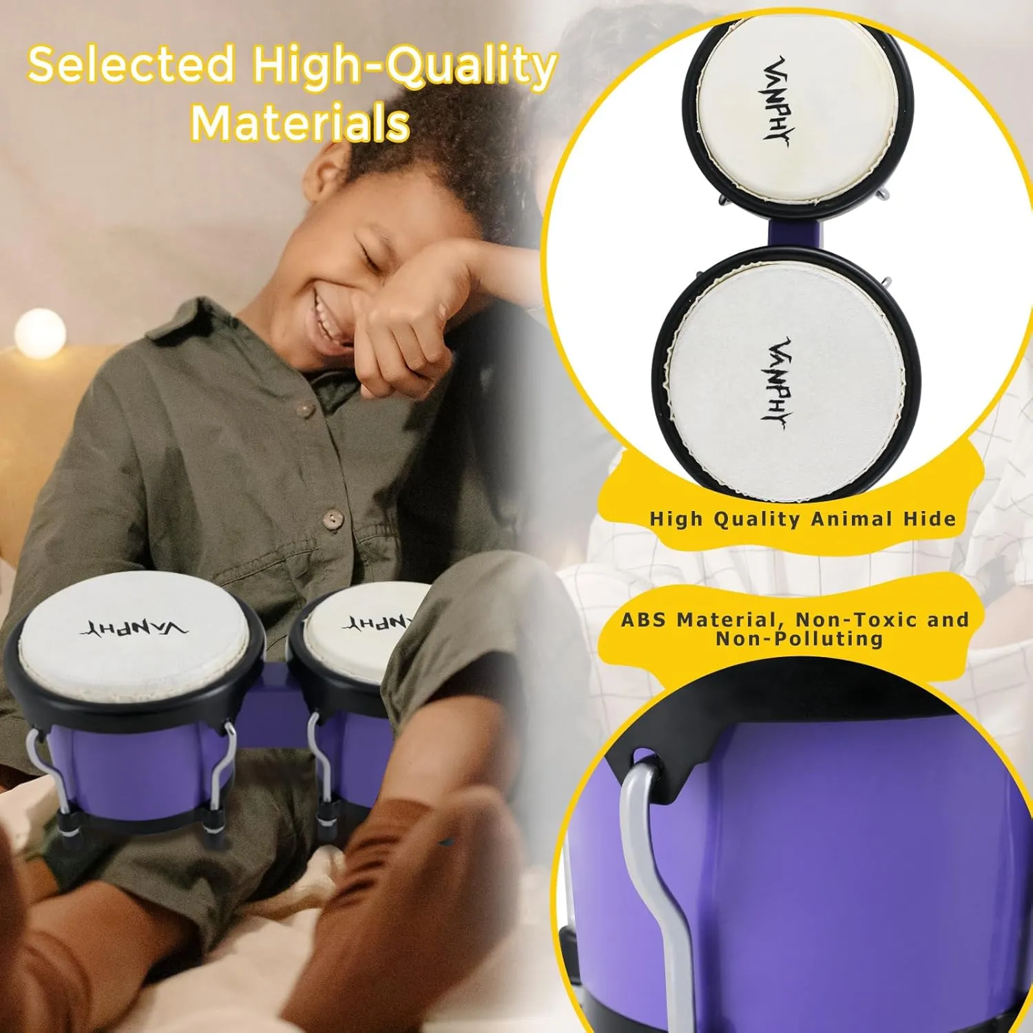 Bongo Drum 4'' and 5'' Set for Kids Adults Beginners Percussion Bongos Drum With Tuning Wrench (Deep Purple)