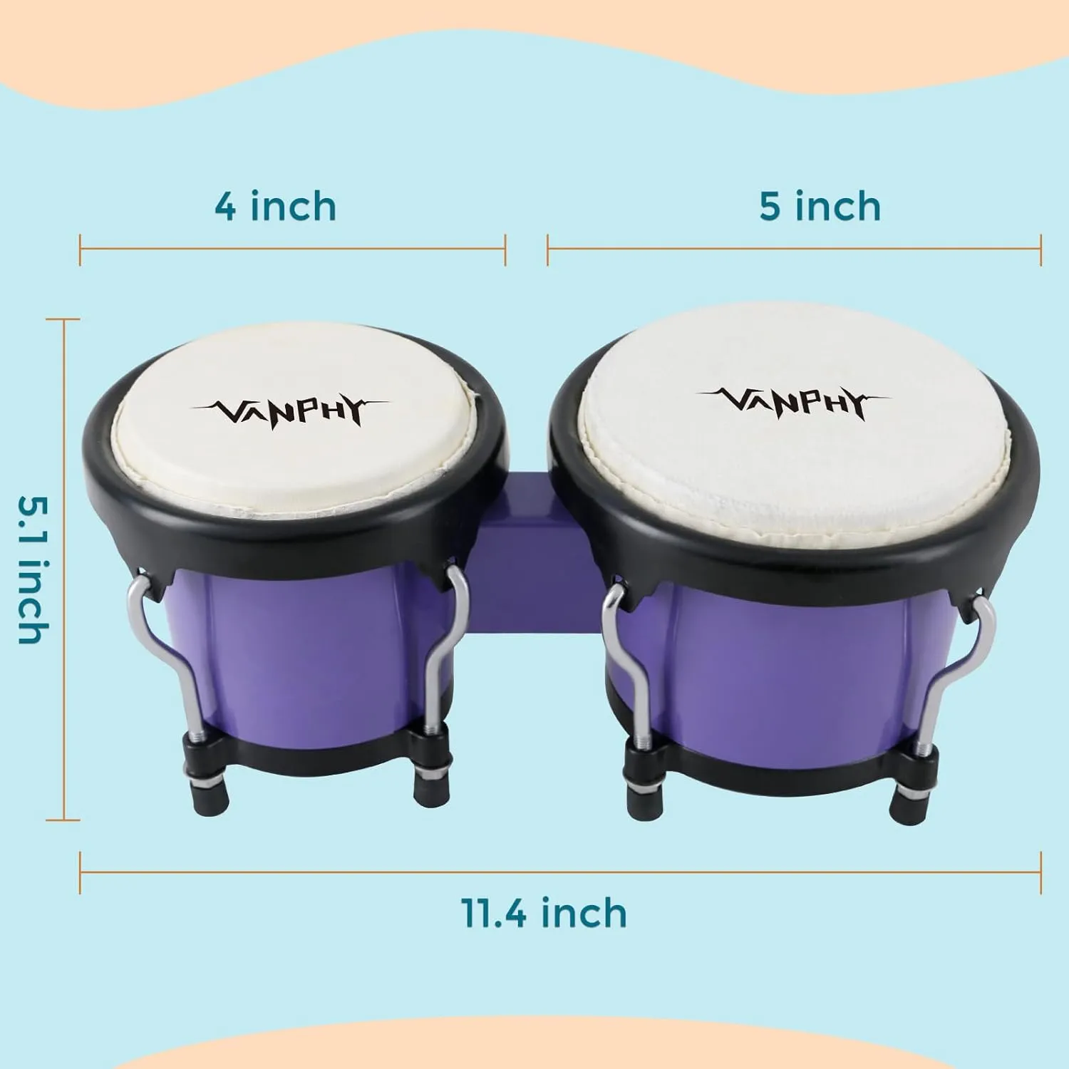 Bongo Drum 4'' and 5'' Set for Kids Adults Beginners Percussion Bongos Drum With Tuning Wrench (Deep Purple)
