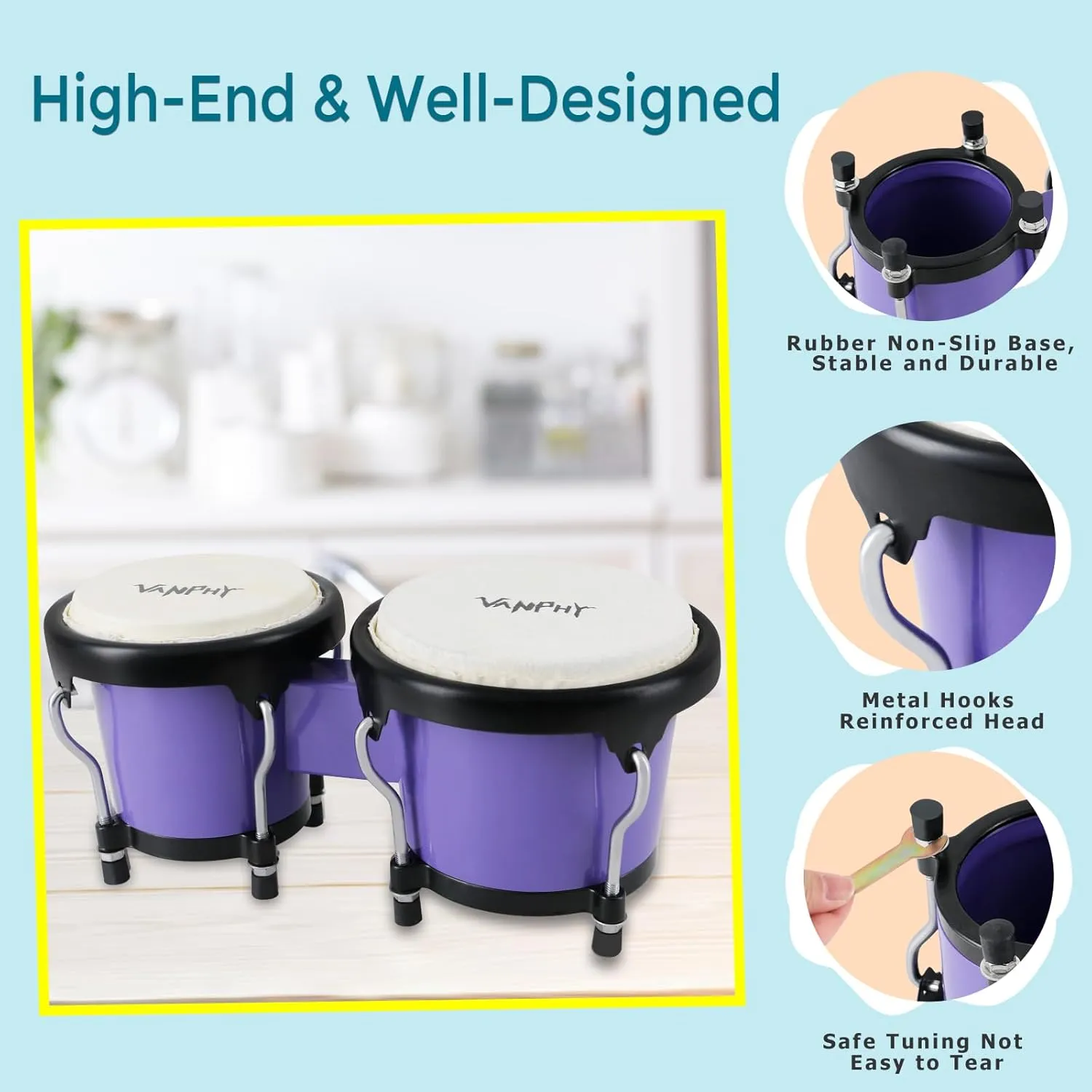 Bongo Drum 4'' and 5'' Set for Kids Adults Beginners Percussion Bongos Drum With Tuning Wrench (Deep Purple)
