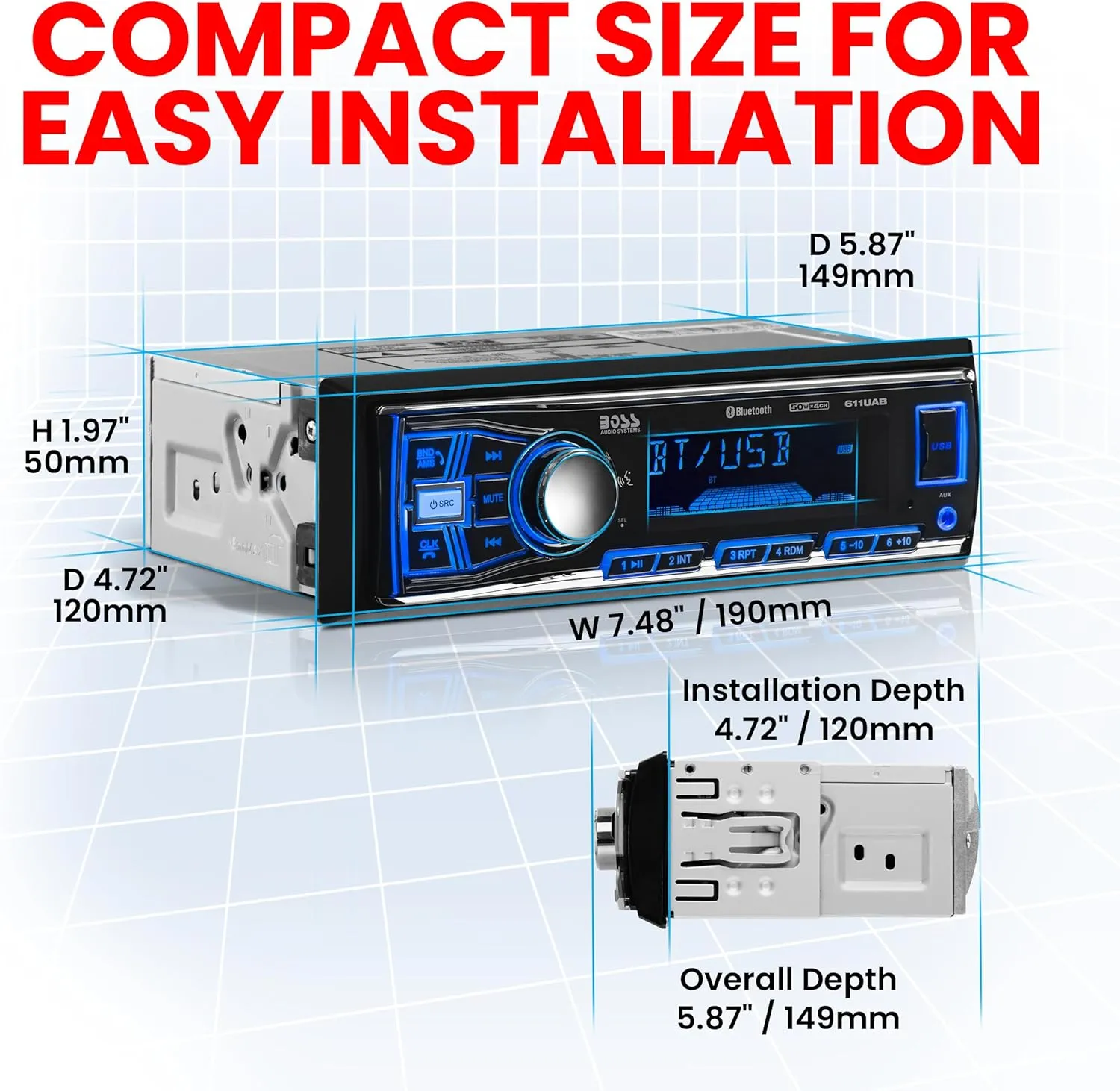 BOSS Audio Systems 611UAB Car Stereo System - Single Din, Bluetooth Audio and Calling Head Unit, Aux Input, USB, Mechless, No CD DVD Player, AM/FM Radio Receiver