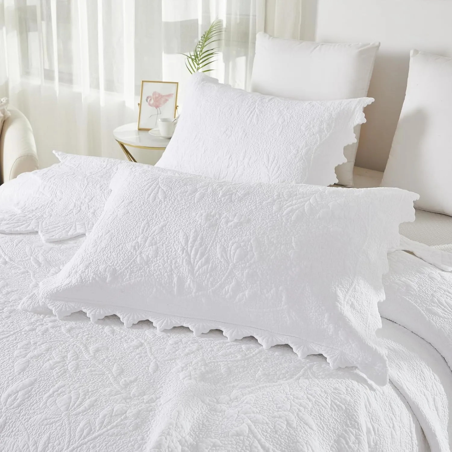 Brandream White Quilt Set King Size Quilt Bedding Set Cotton Luxury Matelasse Coverlet Set Farmhouse Bedding Set Scalloped Queen Bedspreads 3-Piece