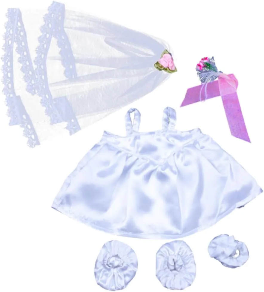 Bride Outfit for Stuffed Animals – Elegant Wedding Dress with Veil & Bouquet – Fits Most 14”-18” Plush Toys, Teddy Bears & Dolls – Perfect Dress-Up Costume & Gift