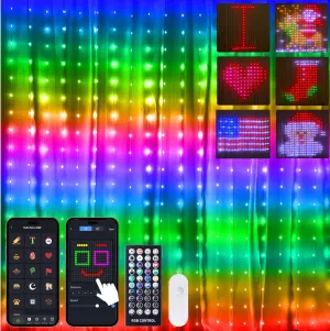 Brightown Smart Curtain String Lights App Controlled - 400 LED DIY Hanging Fairy Light Pattern & Text Programmable, Music Sync with Remote, Smart Valentine's Day Lights Outdoor Indoor Holiday Decor