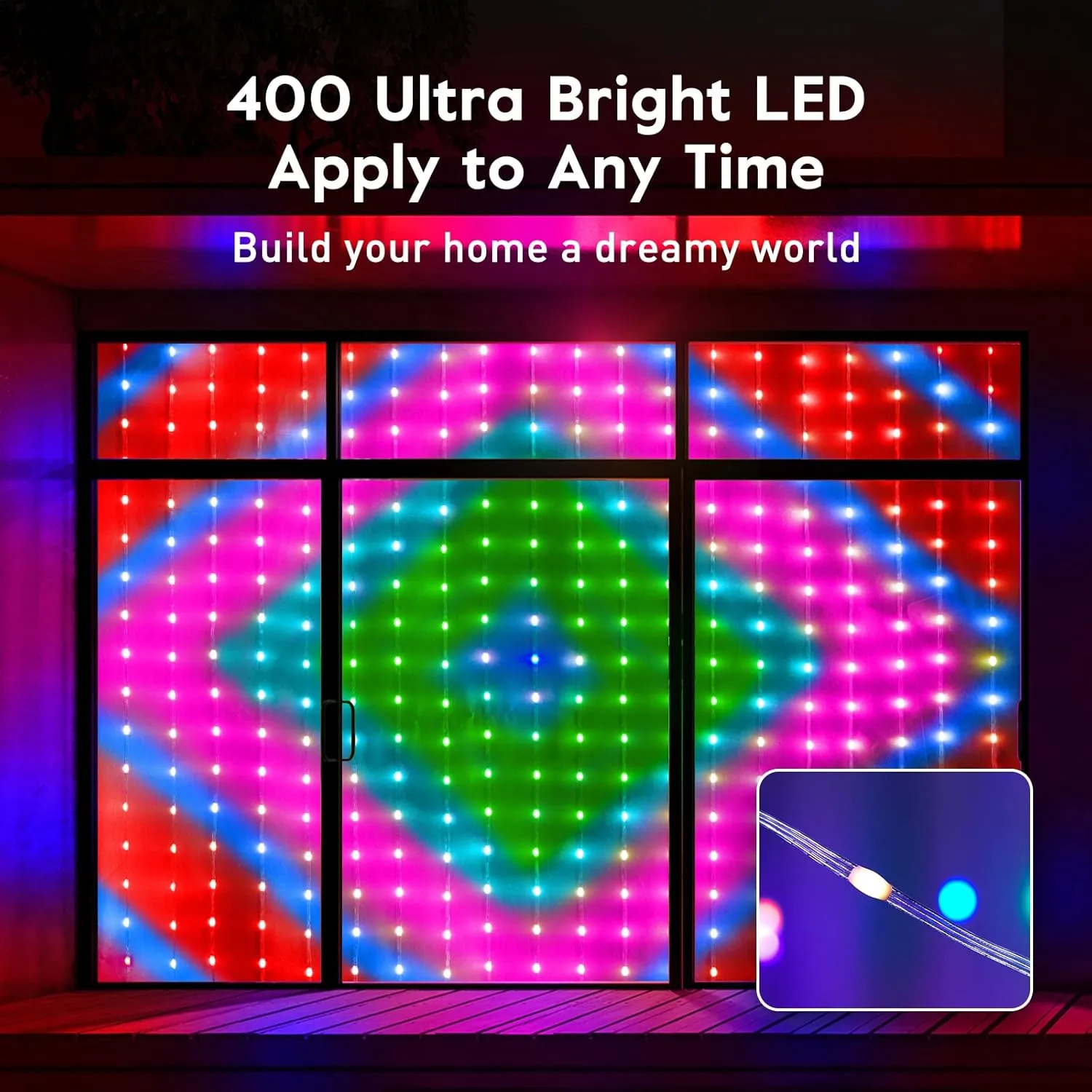 Brightown Smart Curtain String Lights App Controlled - 400 LED DIY Hanging Fairy Light Pattern & Text Programmable, Music Sync with Remote, Smart Valentine's Day Lights Outdoor Indoor Holiday Decor