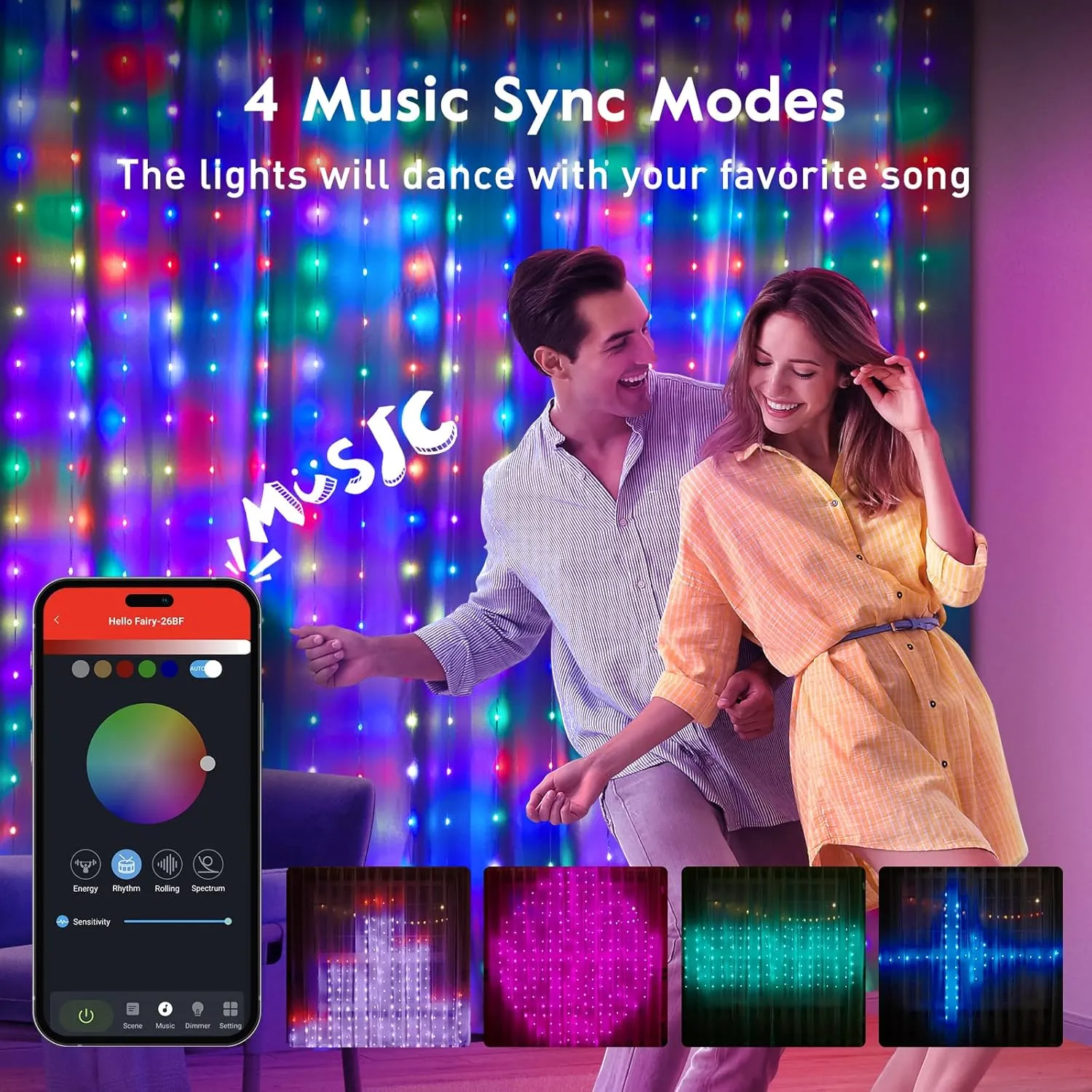 Brightown Smart Curtain String Lights App Controlled - 400 LED DIY Hanging Fairy Light Pattern & Text Programmable, Music Sync with Remote, Smart Valentine's Day Lights Outdoor Indoor Holiday Decor