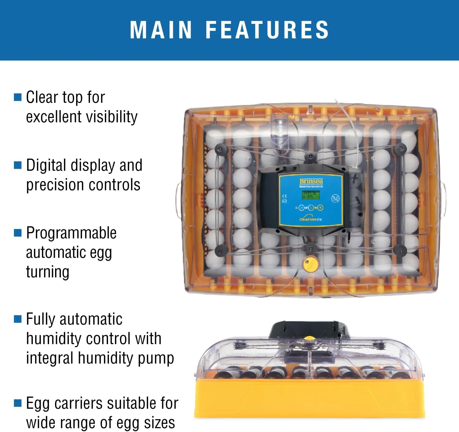 Brinsea Ovation 56 EX Egg Incubator With Automatic Humidity Control and Egg Turning for Hatching 56 Chicken, Duck, Other Bird Eggs, Precision Digital Controls, Temperature Alarms