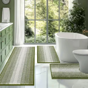 BSICPRO Bathroom Rugs Sets 3 Piece, Toilet Rugs U-Shaped Contour Bath Mat Set, Striped Absorbent Non Slip Chenille Shower Mats for Bathroom, Sage