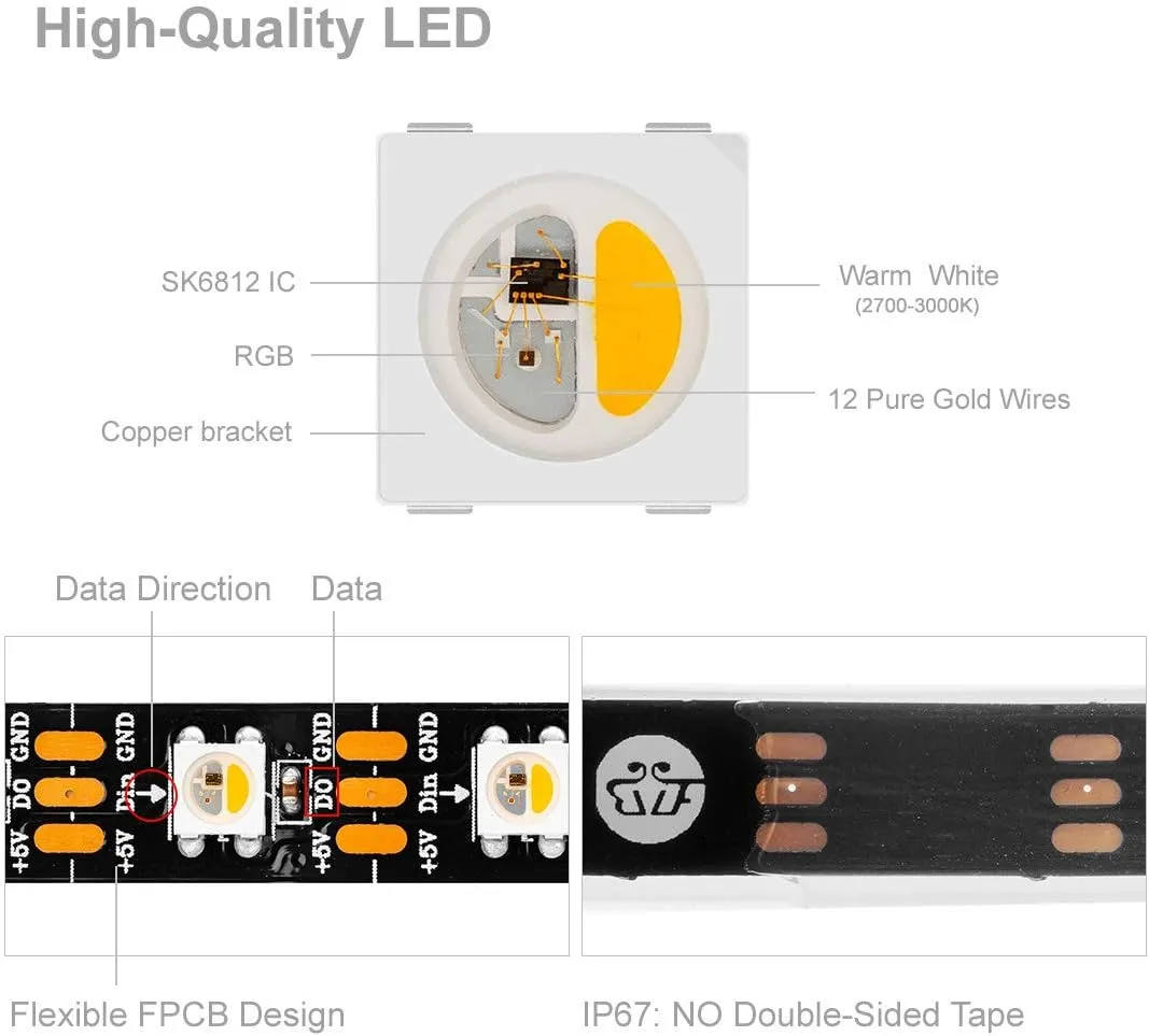 BTF-LIGHTING RGBW RGB Warm White SK6812 (Similar WS2812B) 4 Colors in 1 LED Strip Individually Addressable 16.4ft 60Pixel/m 300LED Light Dream Color IP67 DC5V Black PCB (No Adapter or Controller)