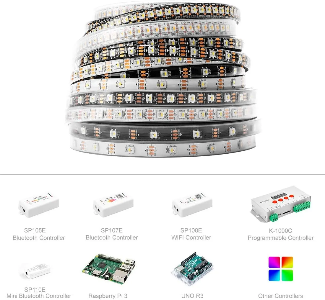 BTF-LIGHTING RGBW RGB Warm White SK6812 (Similar WS2812B) 4 Colors in 1 LED Strip Individually Addressable 16.4ft 60Pixel/m 300LED Light Dream Color IP67 DC5V Black PCB (No Adapter or Controller)