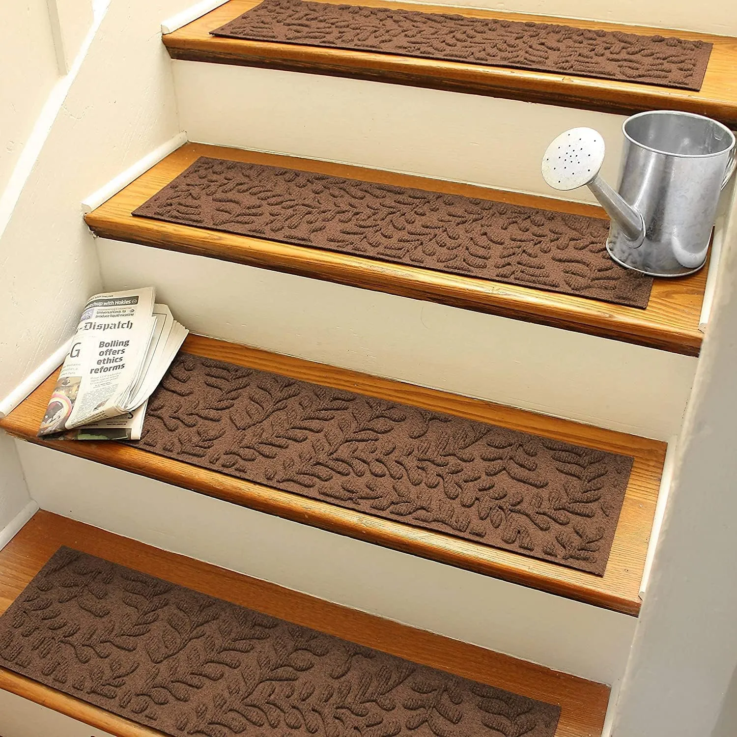 Bungalow Flooring Waterhog Stair Treads, Set of 4, 8-1/2 x 30 inches, Made in USA, Durable and Decorative Floor Covering, Indoor/Outdoor, Water-Trapping, Boxwood Collection, Dark Brown