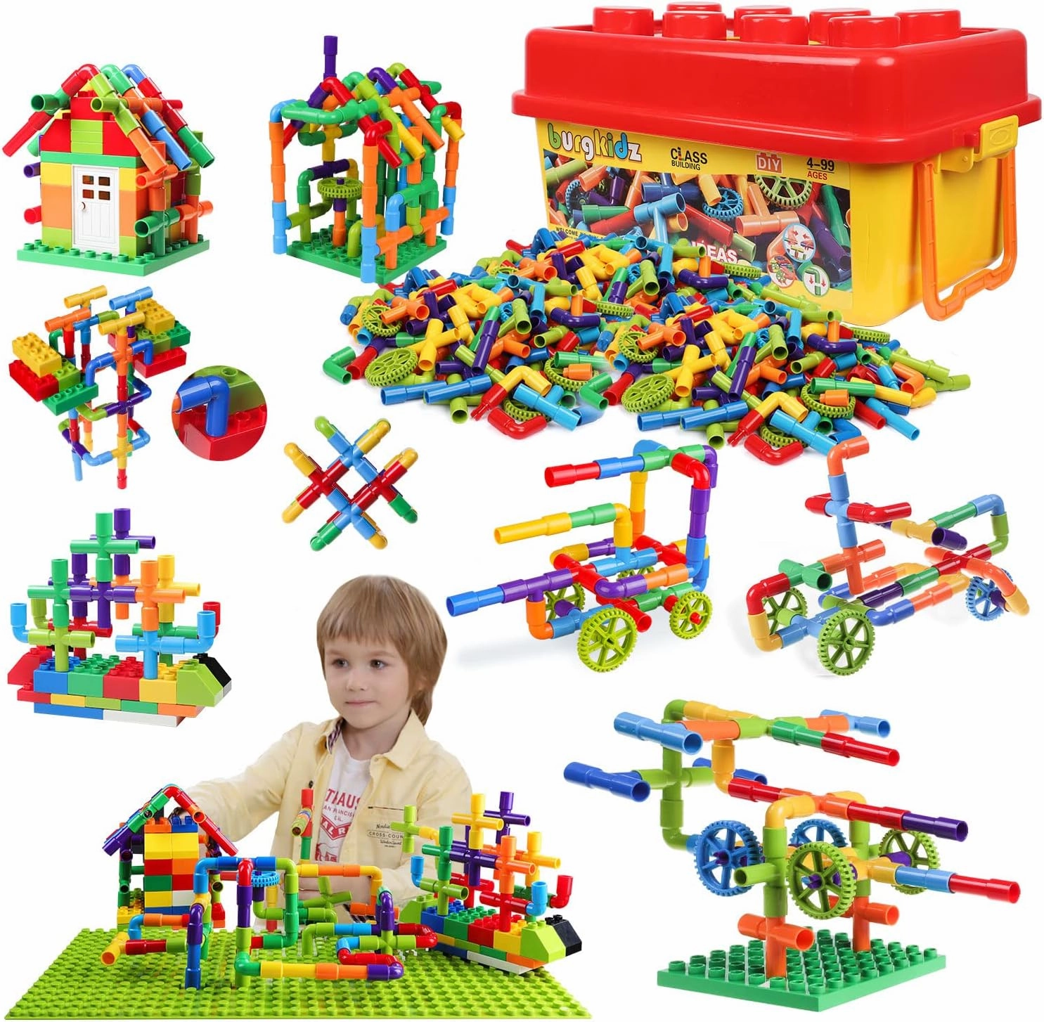 burgkidz 426 Pieces Toy Pipe, Creative STEM Tube Locks Construction with Wheels and Mini Baseplate, Interlocking Educational Sensory Kit, Preschool Learning Toys for Boy and Girls Ages 3 