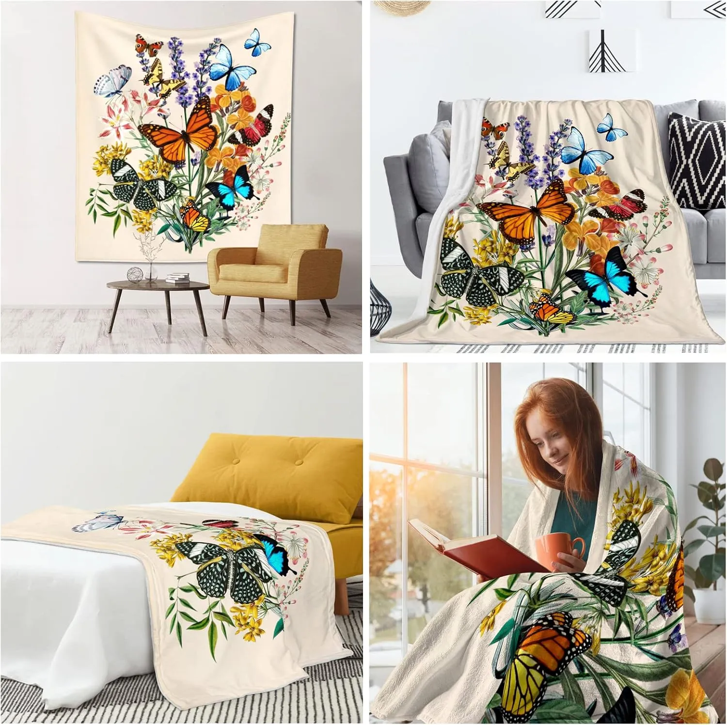 Butterfly Blanket Beautiful Butterfly Throw Blanket Ultra Soft Flannel Vintage Botanical Butterflies Blanket Gifts for Kids Adults 50"X40"