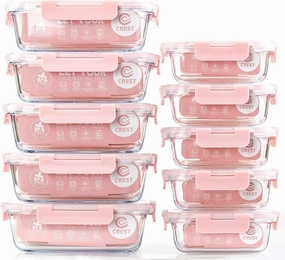 C CREST [10 Pack] Glass Meal Prep Containers, Food Storage Containers with Lids Airtight, Glass Lunch Boxes, Microwave, Oven, Freezer and Dishwasher Safe