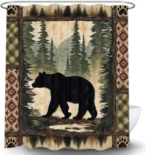 Cabin Bear Shower Curtain, Rustic Deer Hunting Decor Bath Curtains, Farmhouse Country Wooden Camping Forest Waterproof Fabric Bathroom Accessories Set, 72X84 inch with Hooks