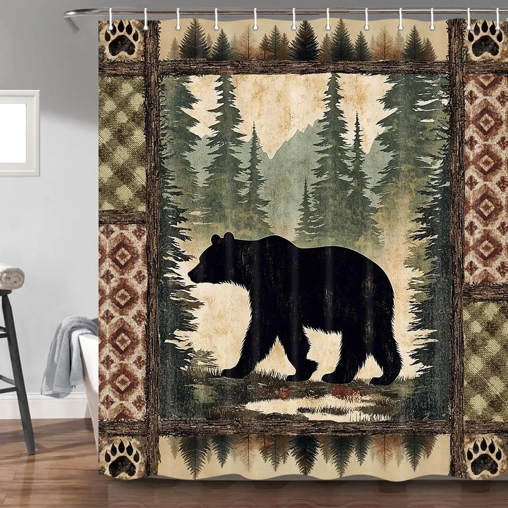 Cabin Bear Shower Curtain, Rustic Deer Hunting Decor Bath Curtains, Farmhouse Country Wooden Camping Forest Waterproof Fabric Bathroom Accessories Set, 72X84 inch with Hooks