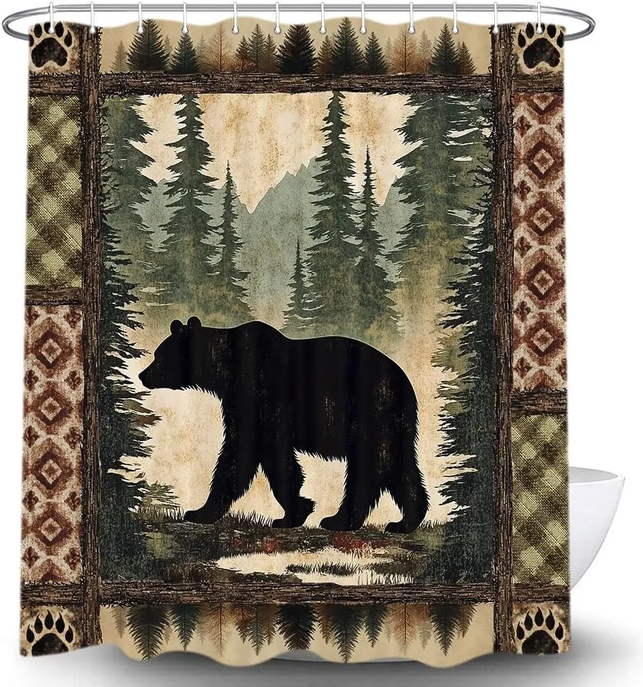 Cabin Bear Shower Curtain, Rustic Deer Hunting Decor Bath Curtains, Farmhouse Country Wooden Camping Forest Waterproof Fabric Bathroom Accessories Set, 72X84 inch with Hooks