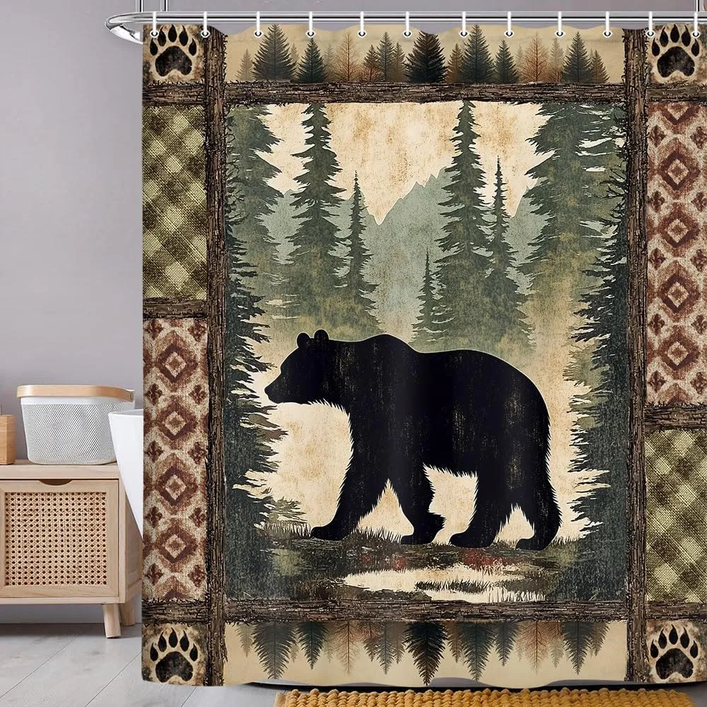 Cabin Bear Shower Curtain, Rustic Deer Hunting Decor Bath Curtains, Farmhouse Country Wooden Camping Forest Waterproof Fabric Bathroom Accessories Set, 72X84 inch with Hooks
