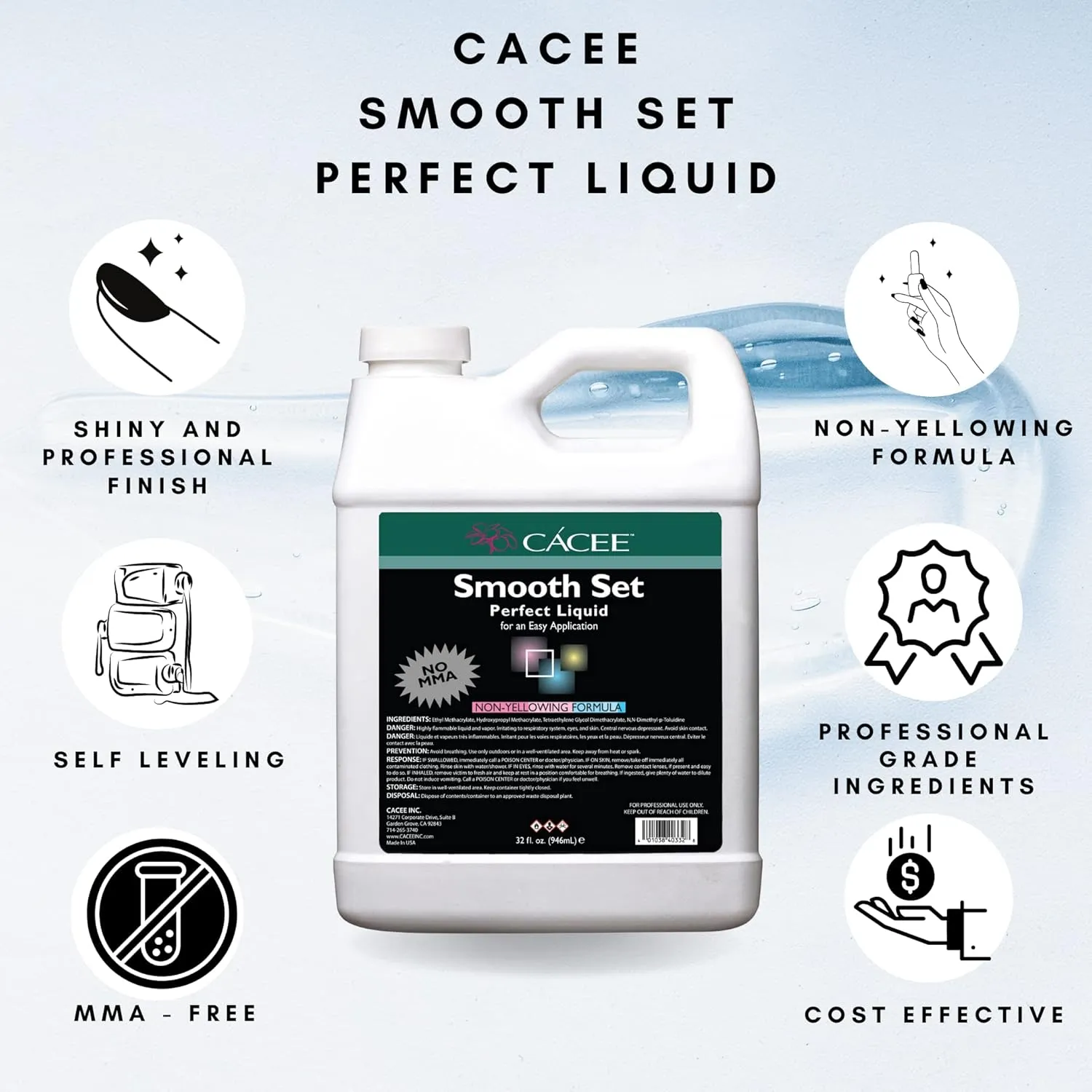 Cacee Smooth Set Perfect 32 oz Non-Yellowing Acrylic Liquid Monomer - Monomer Acrylic Nail Liquid for Superior Adhesion, Low Odor, Compatible with All Acrylic Powder Sets