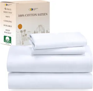 California Design Den Queen Sheet Set - Natural 100% Cotton Sheets Queen Size Bed Set with Deep Pockets, Soft Sateen Weave, Breathable, Cooling and Durable Bedding (White)
