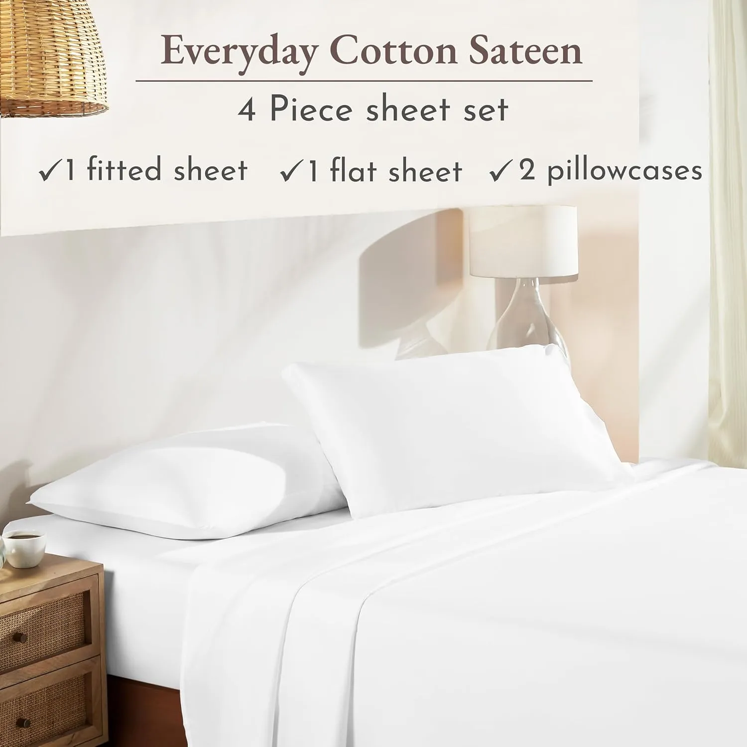 California Design Den Queen Sheet Set - Natural 100% Cotton Sheets Queen Size Bed Set with Deep Pockets, Soft Sateen Weave, Breathable, Cooling and Durable Bedding (White)