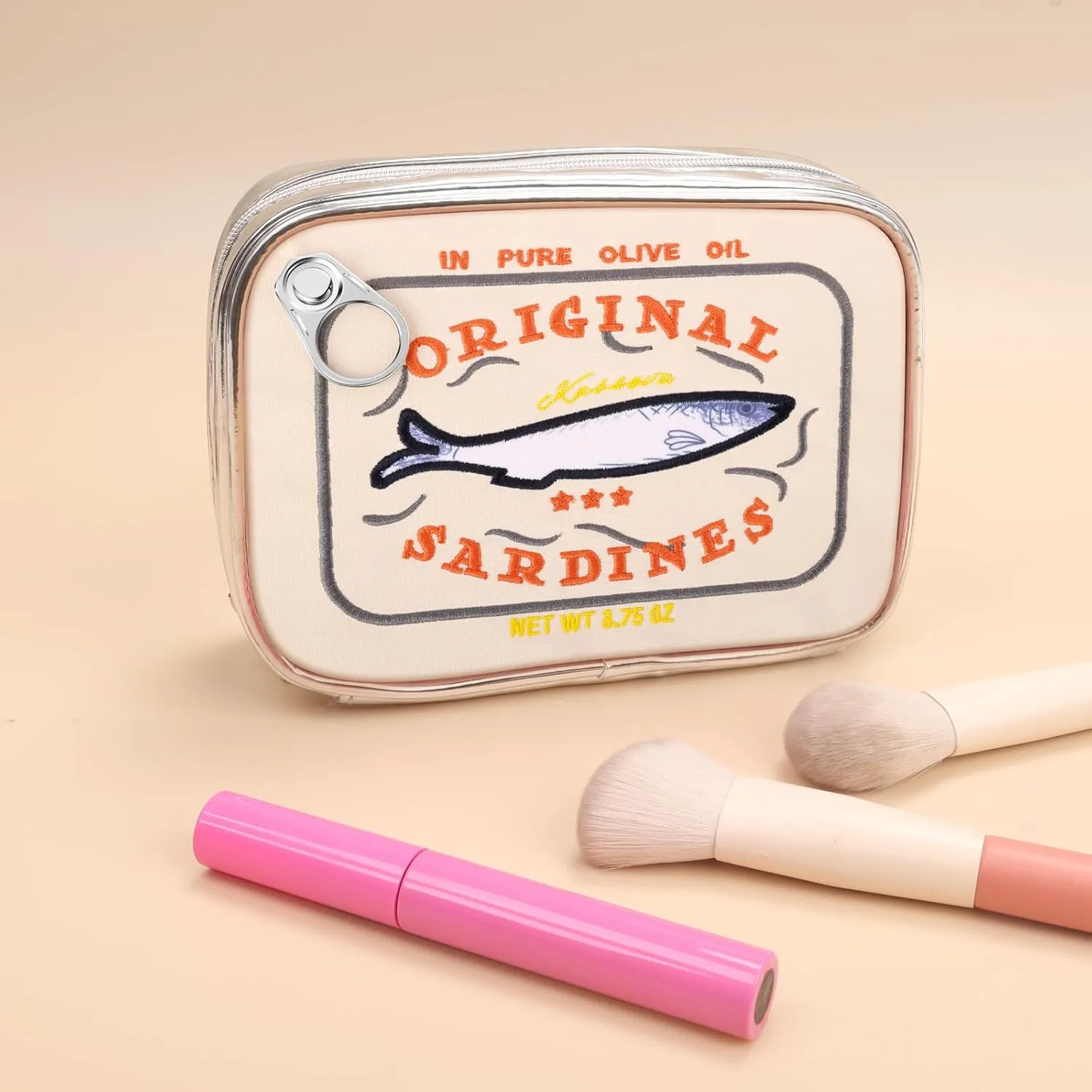 Canned Sardines Makeup Bag, Cute Small Sardines Fish Tin Pouch, Creative Cosmetic Organizer Bag, Funny Gift For Women Best Friends Sister Teen Girls BEIGE