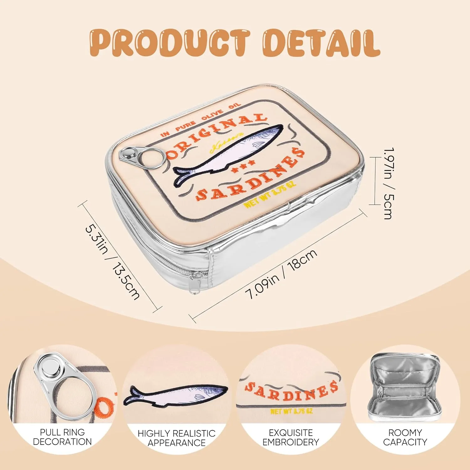 Canned Sardines Makeup Bag, Cute Small Sardines Fish Tin Pouch, Creative Cosmetic Organizer Bag, Funny Gift For Women Best Friends Sister Teen Girls BEIGE