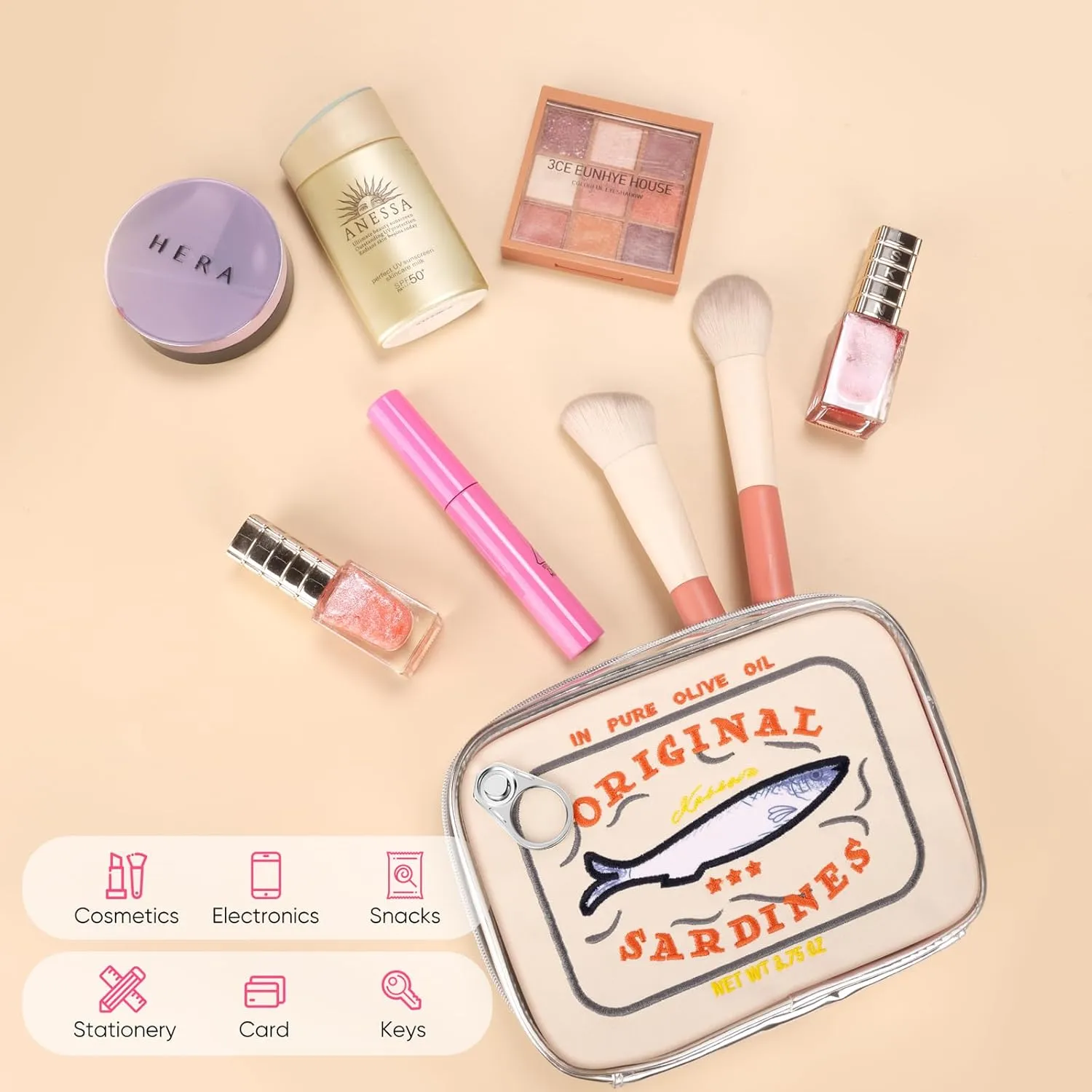 Canned Sardines Makeup Bag, Cute Small Sardines Fish Tin Pouch, Creative Cosmetic Organizer Bag, Funny Gift For Women Best Friends Sister Teen Girls BEIGE