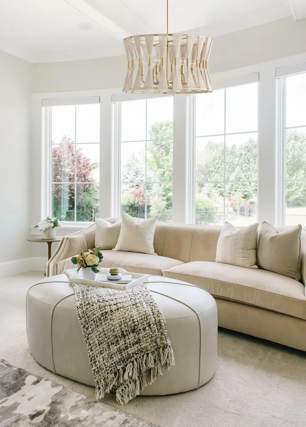 Capital Lighting 341161NP Bianca Modern Luxe Hand-Wrapped Bleached Natural Rope Drum Pendant Light Fixture, 6-Light 360 Total Watts, 14" H x 25" W, Patinaed Brass