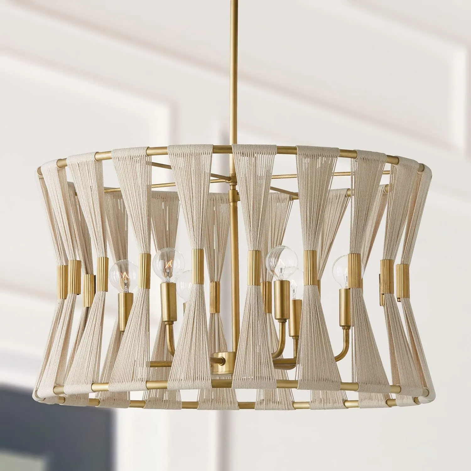 Capital Lighting 341161NP Bianca Modern Luxe Hand-Wrapped Bleached Natural Rope Drum Pendant Light Fixture, 6-Light 360 Total Watts, 14" H x 25" W, Patinaed Brass