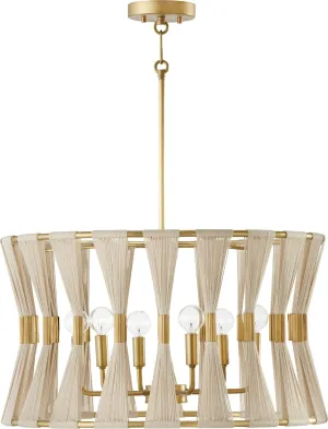 Capital Lighting 341161NP Bianca Modern Luxe Hand-Wrapped Bleached Natural Rope Drum Pendant Light Fixture, 6-Light 360 Total Watts, 14" H x 25" W, Patinaed Brass