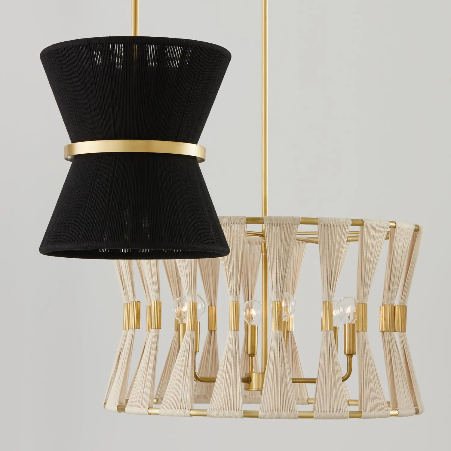 Capital Lighting 341161NP Bianca Modern Luxe Hand-Wrapped Bleached Natural Rope Drum Pendant Light Fixture, 6-Light 360 Total Watts, 14" H x 25" W, Patinaed Brass