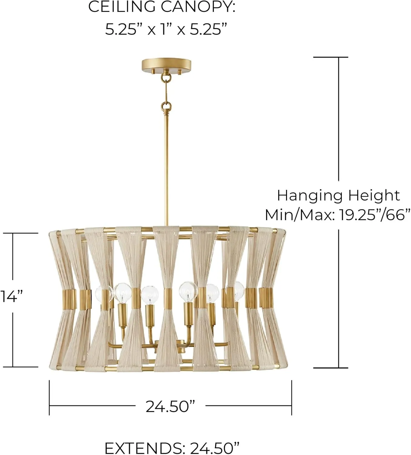 Capital Lighting 341161NP Bianca Modern Luxe Hand-Wrapped Bleached Natural Rope Drum Pendant Light Fixture, 6-Light 360 Total Watts, 14" H x 25" W, Patinaed Brass