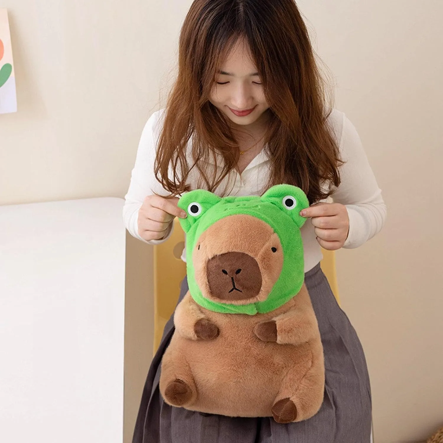 Capybara Plush with Detachable Frog Hat 11 inch Cute Capibara Stuffed Animal Ultra Soft Plushies Toys Kawaii Gifts for Kids Brown