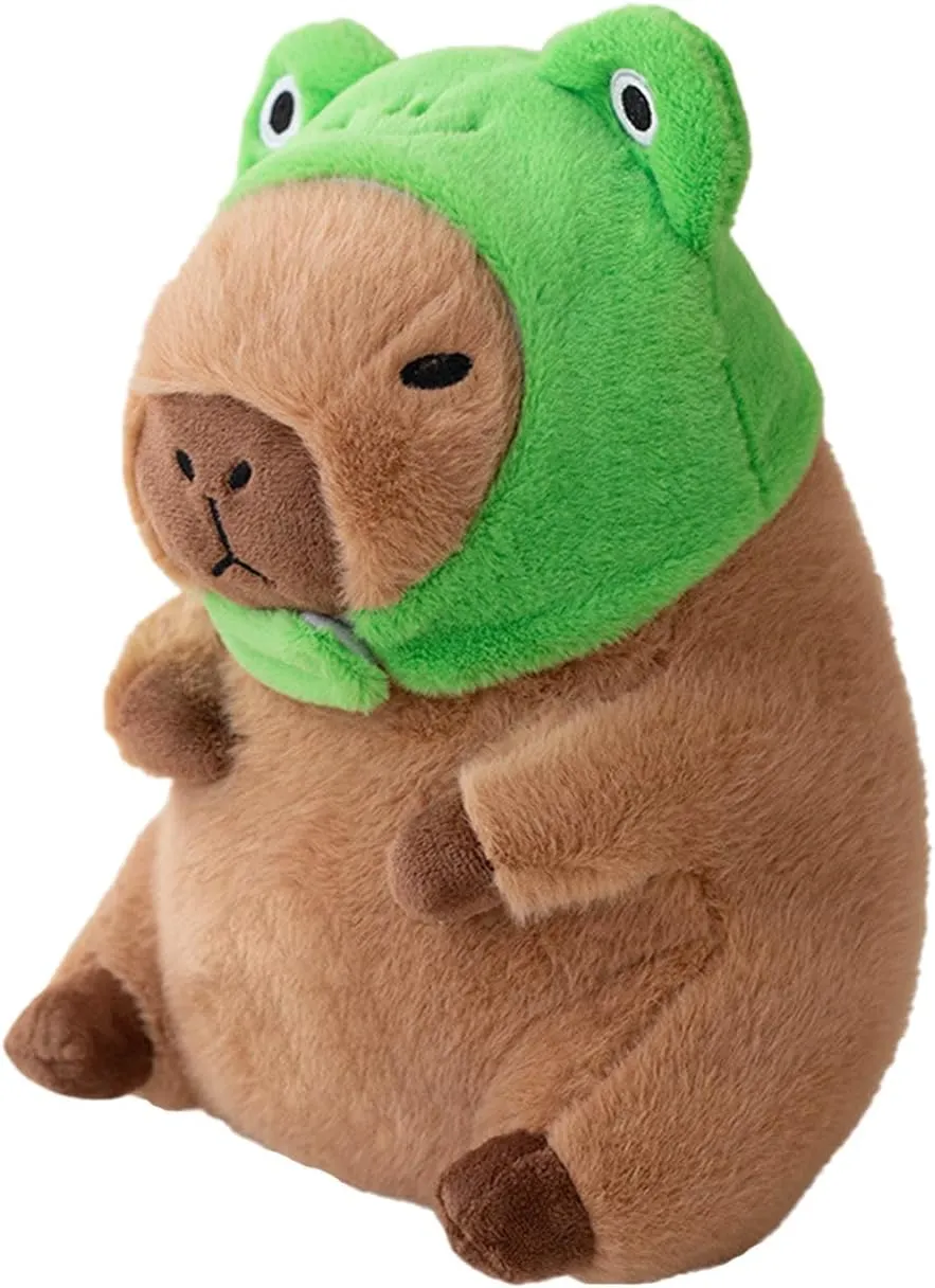 Capybara Plush with Detachable Frog Hat 11 inch Cute Capibara Stuffed Animal Ultra Soft Plushies Toys Kawaii Gifts for Kids Brown