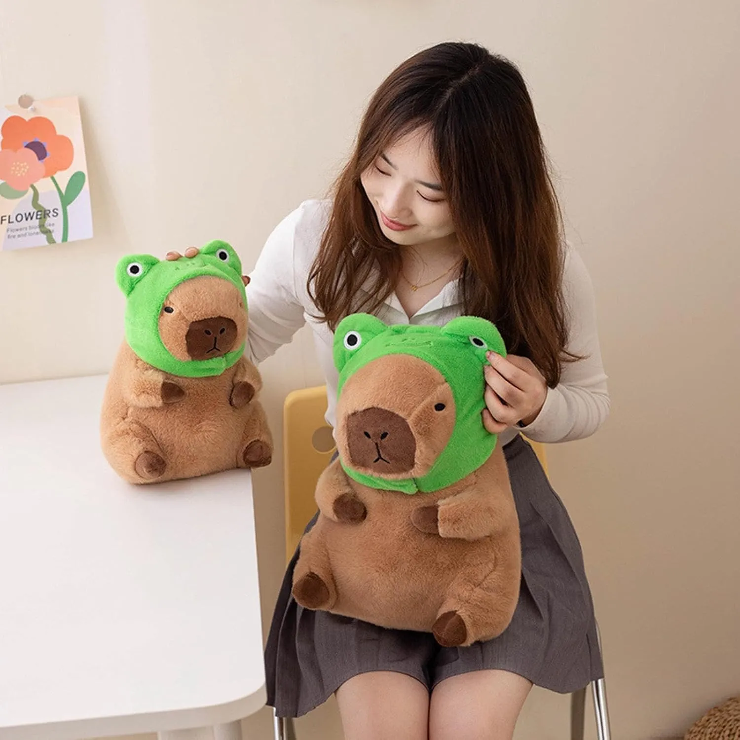 Capybara Plush with Detachable Frog Hat 11 inch Cute Capibara Stuffed Animal Ultra Soft Plushies Toys Kawaii Gifts for Kids Brown
