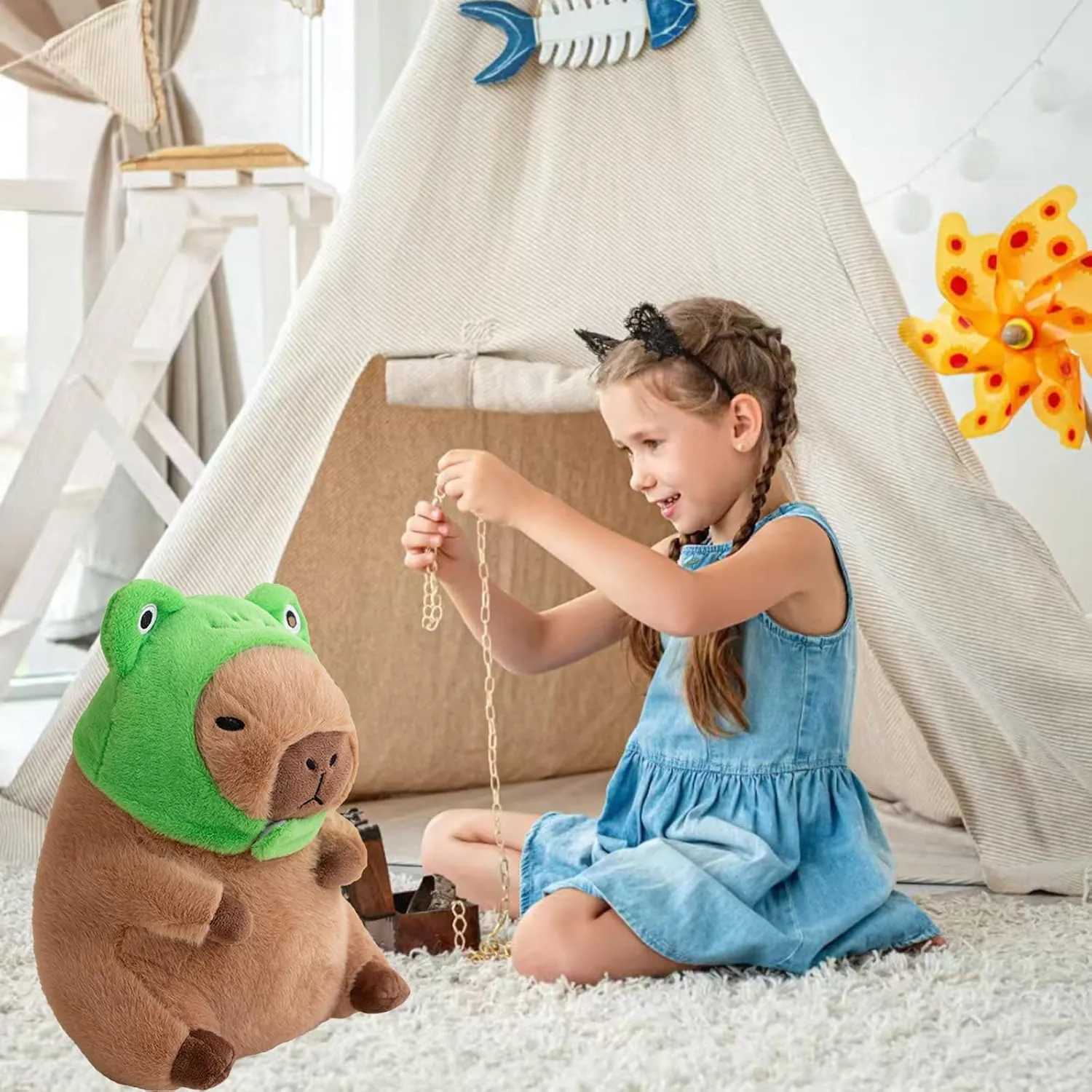 Capybara Plush with Detachable Frog Hat 11 inch Cute Capibara Stuffed Animal Ultra Soft Plushies Toys Kawaii Gifts for Kids Brown