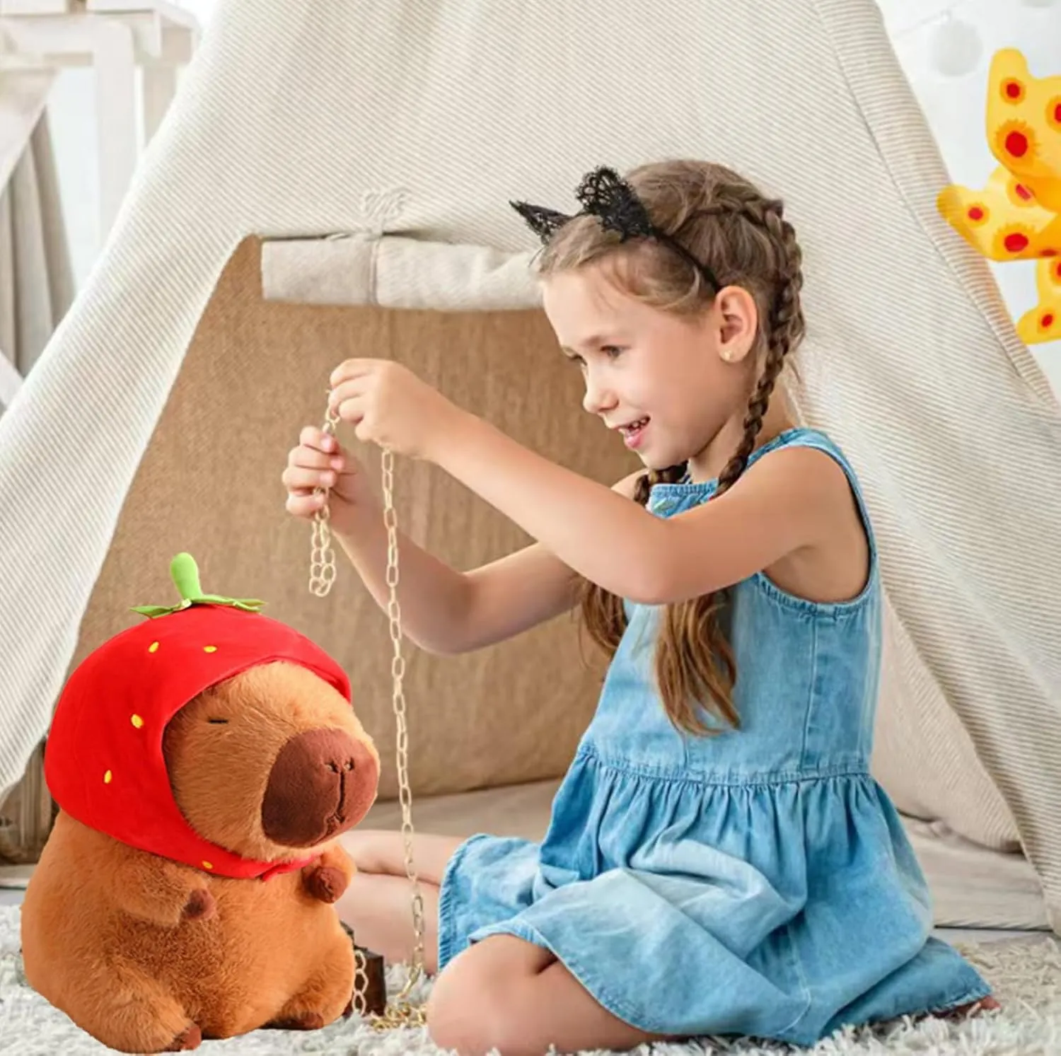 Capybara Plush with Strawberry Hat 13 inch Cute Capibara Stuffed Animal Ultra Soft Plushies Toys Kawaii Gifts for Kids Brown