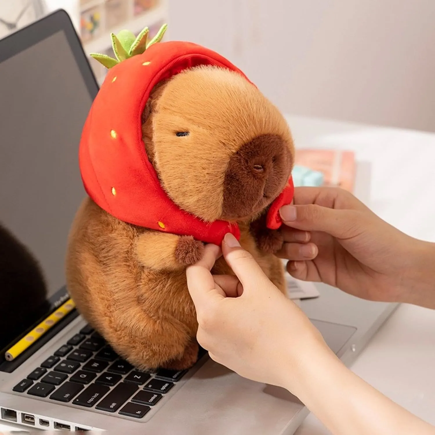 Capybara Plush with Strawberry Hat 13 inch Cute Capibara Stuffed Animal Ultra Soft Plushies Toys Kawaii Gifts for Kids Brown