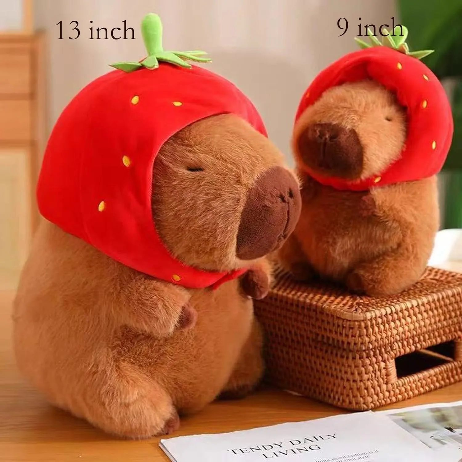Capybara Plush with Strawberry Hat 13 inch Cute Capibara Stuffed Animal Ultra Soft Plushies Toys Kawaii Gifts for Kids Brown