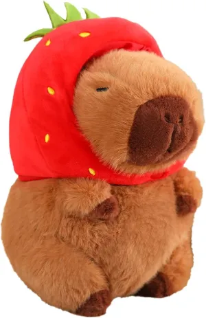 Capybara Plush with Strawberry Hat 13 inch Cute Capibara Stuffed Animal Ultra Soft Plushies Toys Kawaii Gifts for Kids Brown