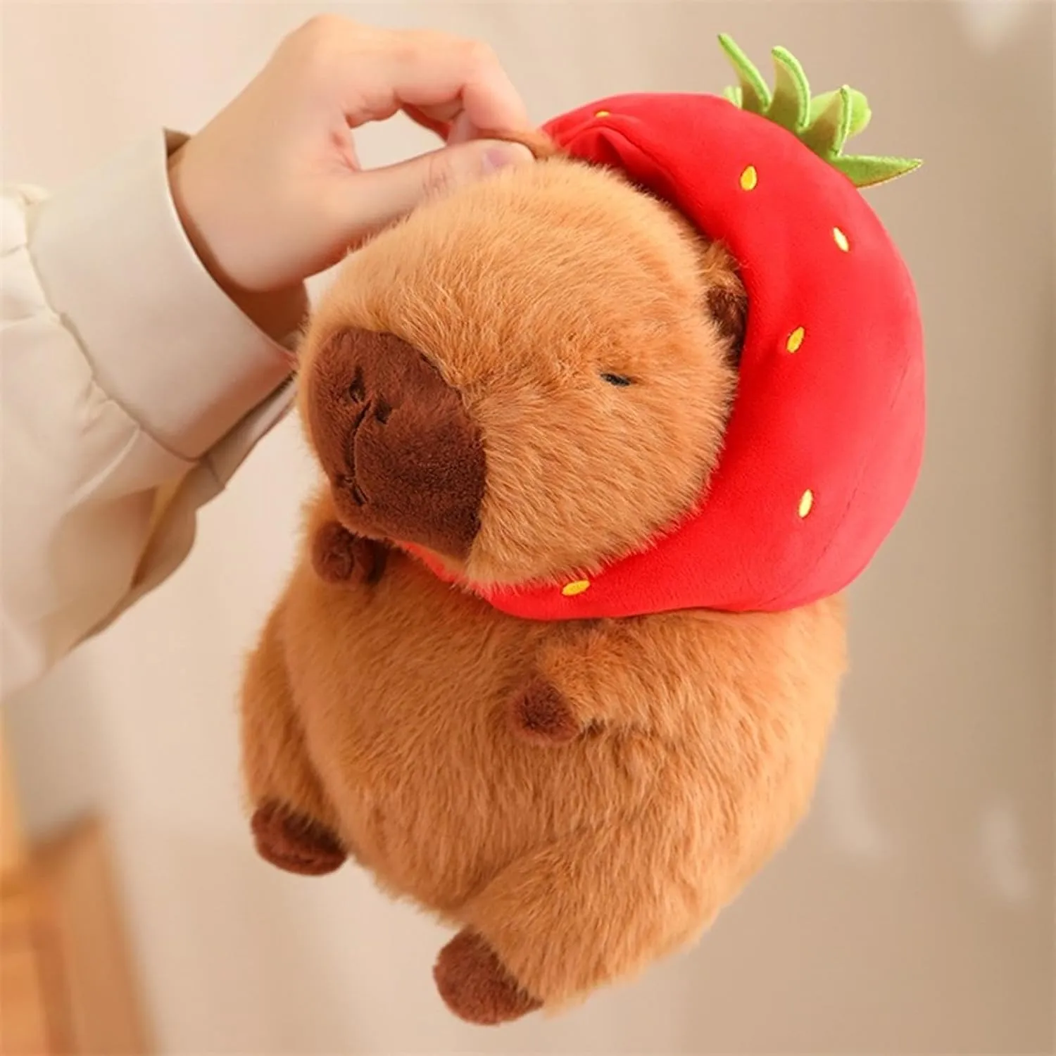 Capybara Plush with Strawberry Hat 13 inch Cute Capibara Stuffed Animal Ultra Soft Plushies Toys Kawaii Gifts for Kids Brown
