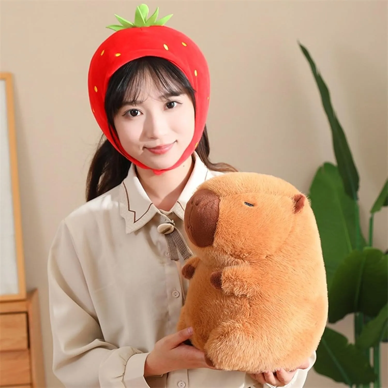 Capybara Plush with Strawberry Hat 13 inch Cute Capibara Stuffed Animal Ultra Soft Plushies Toys Kawaii Gifts for Kids Brown