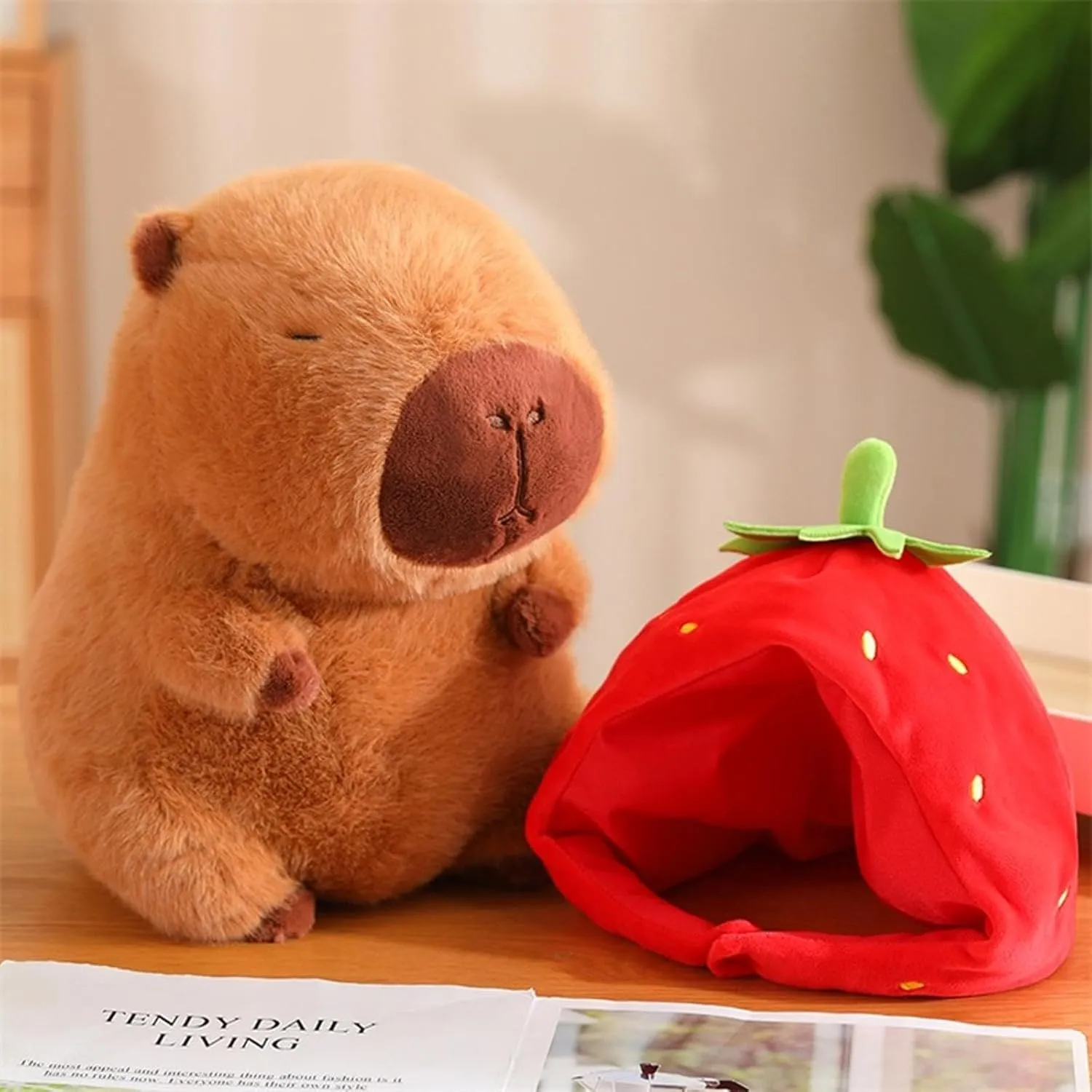 Capybara Plush with Strawberry Hat 13 inch Cute Capibara Stuffed Animal Ultra Soft Plushies Toys Kawaii Gifts for Kids Brown