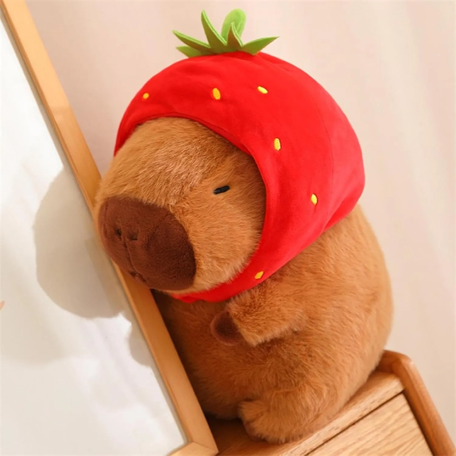 Capybara Plush with Strawberry Hat 13 inch Cute Capibara Stuffed Animal Ultra Soft Plushies Toys Kawaii Gifts for Kids Brown
