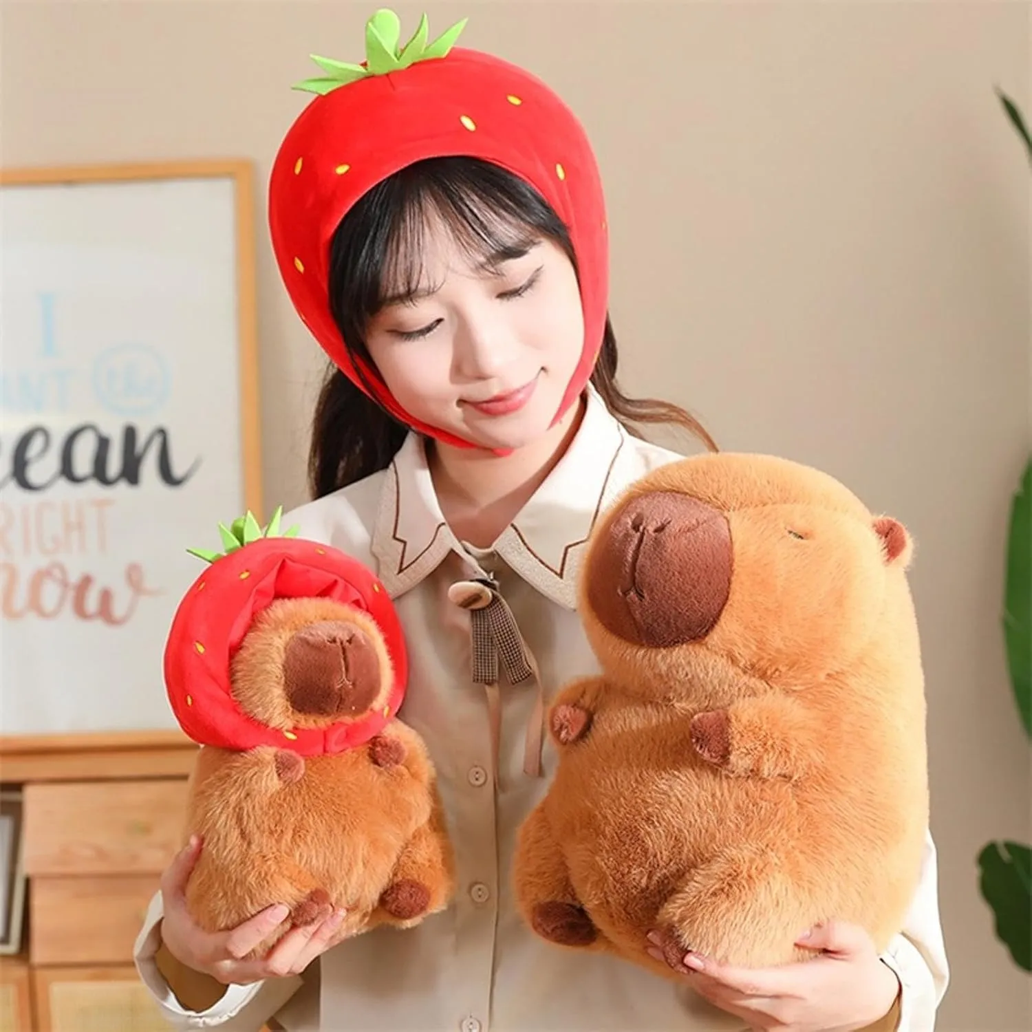 Capybara Plush with Strawberry Hat 9 inch Cute Capibara Stuffed Animal Ultra Soft Plushies Toys Kawaii Gifts for Kids Brown