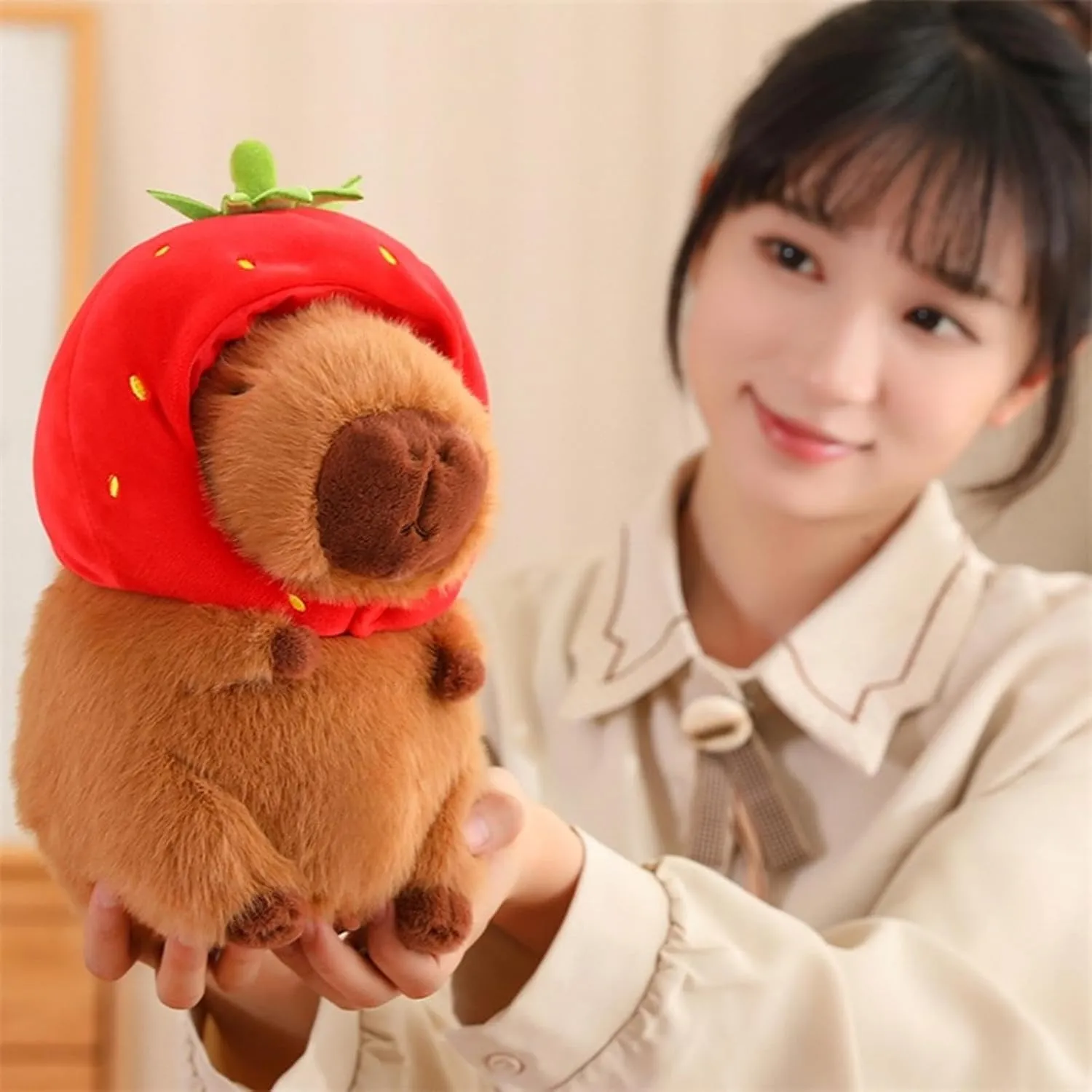 Capybara Plush with Strawberry Hat 9 inch Cute Capibara Stuffed Animal Ultra Soft Plushies Toys Kawaii Gifts for Kids Brown