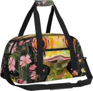 Cartoon Frog Flower Kids Overnighter Duffel Bags for Boys, Carry-On Size Sports Gym Bag with Front Zipper Pocket for School Practice or Overnight Travel Weekender Sleepover Tote Bag