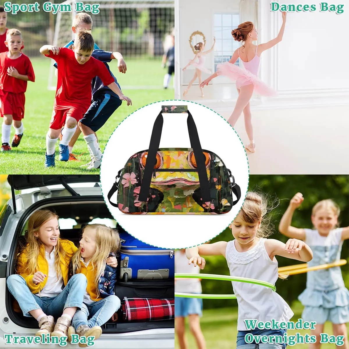 Cartoon Frog Flower Kids Overnighter Duffel Bags for Boys, Carry-On Size Sports Gym Bag with Front Zipper Pocket for School Practice or Overnight Travel Weekender Sleepover Tote Bag