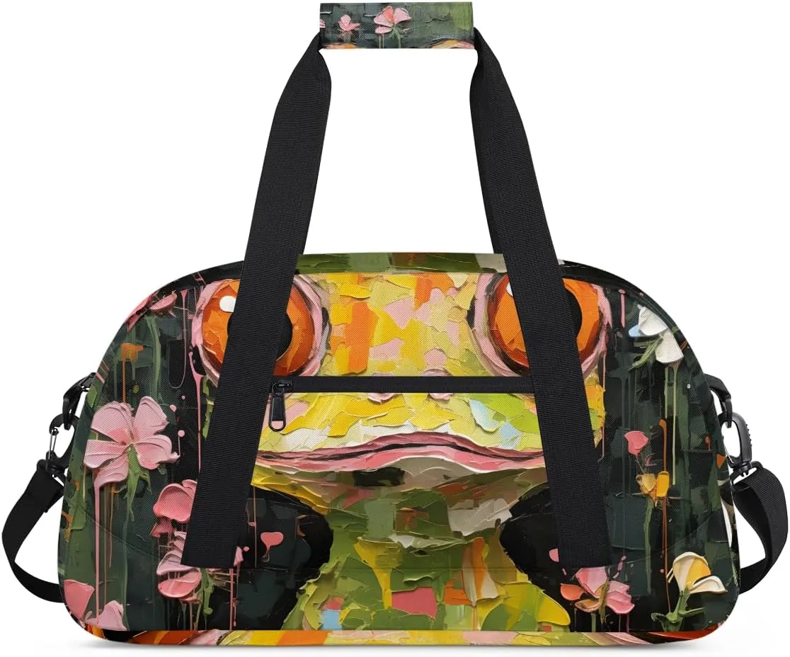 Cartoon Frog Flower Kids Overnighter Duffel Bags for Boys, Carry-On Size Sports Gym Bag with Front Zipper Pocket for School Practice or Overnight Travel Weekender Sleepover Tote Bag