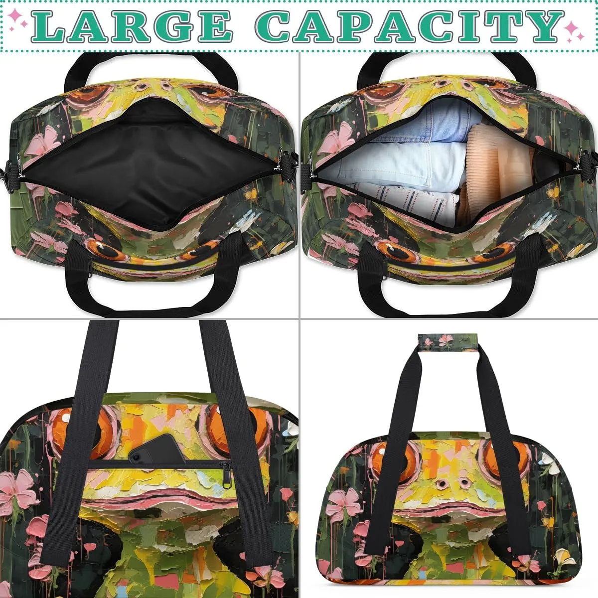Cartoon Frog Flower Kids Overnighter Duffel Bags for Boys, Carry-On Size Sports Gym Bag with Front Zipper Pocket for School Practice or Overnight Travel Weekender Sleepover Tote Bag
